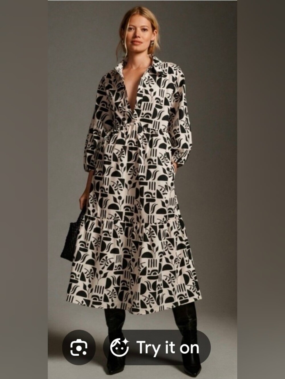 Anthropologie Black and White Graphic Collared Tiered Maxi Dress